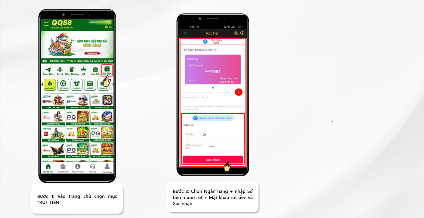 Hướng dẫn các bước Rút tiền QQ88